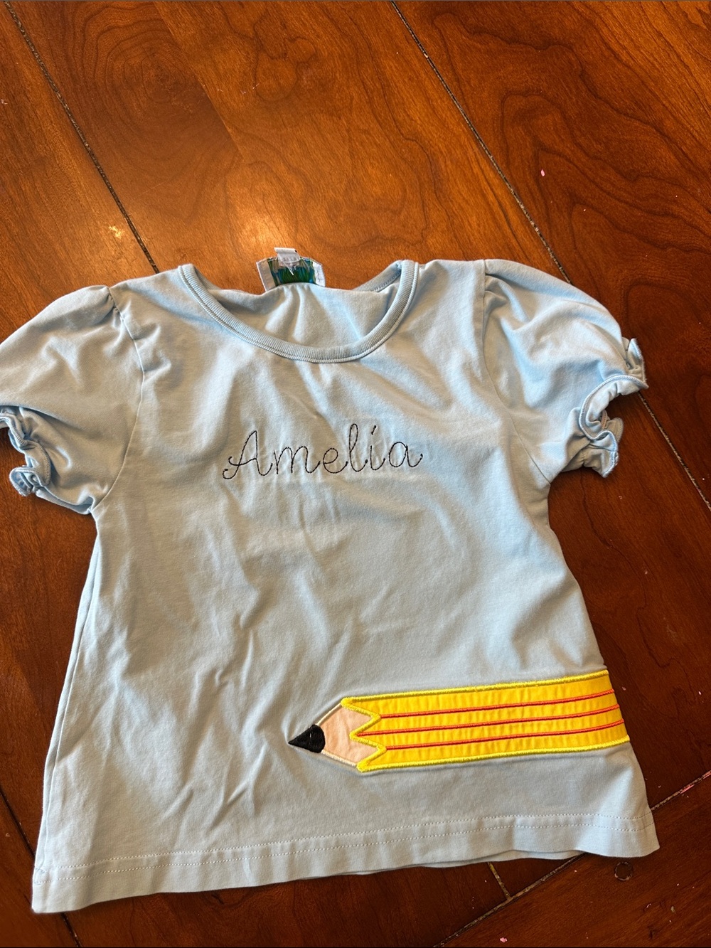 Light Blue Girls' Tee with Yellow Pencil Applique - Personalized Amelia